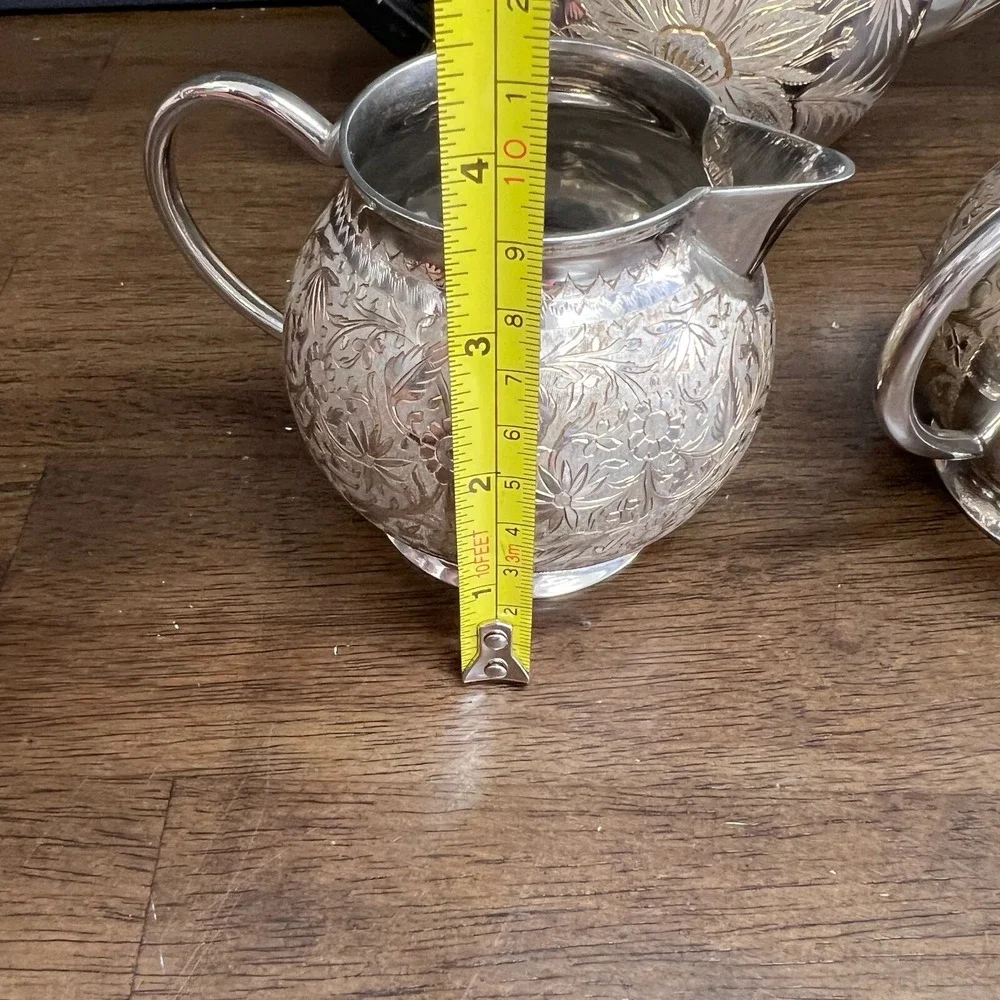 Vintage Wedding Silver Plated Floral Etched Footed Tea Set India, 1950 set of 3‎